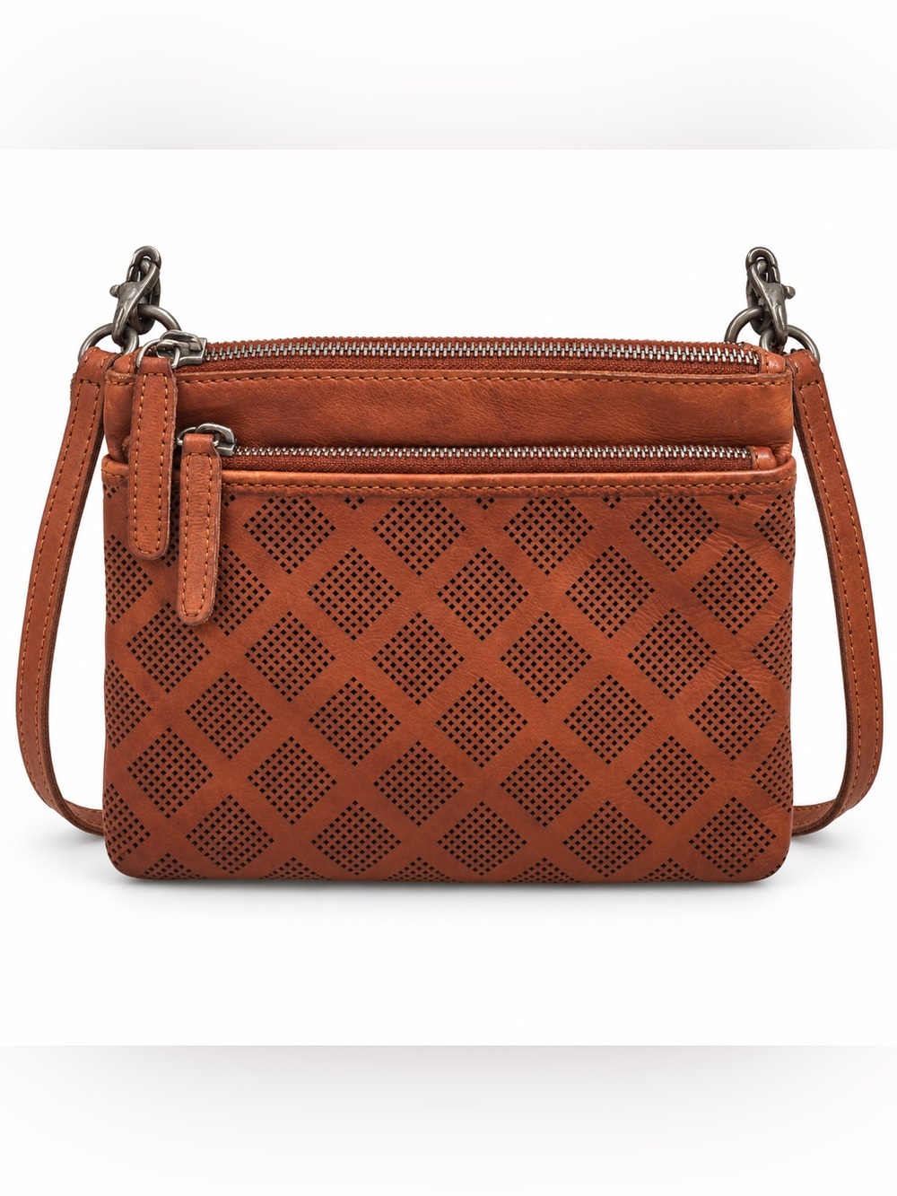 Vilenca Holland Cognac Leather 5 Compartment Crossbody Bag Perforated